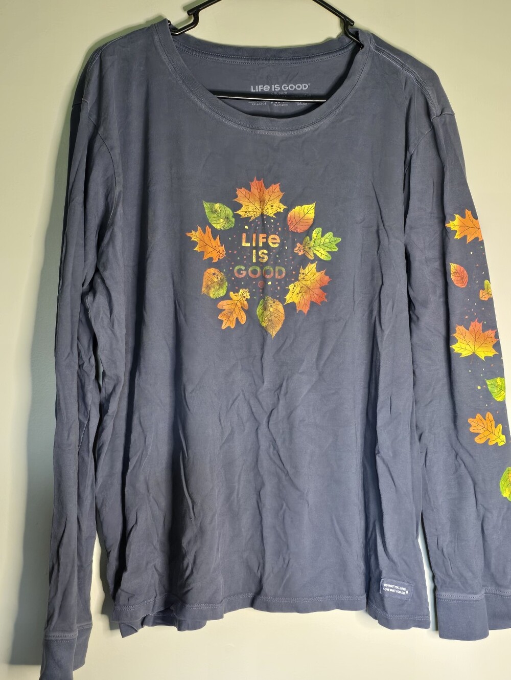 Life Is Good Navy Blue Long Sleeve Tee with Autumn Leaf Graphic